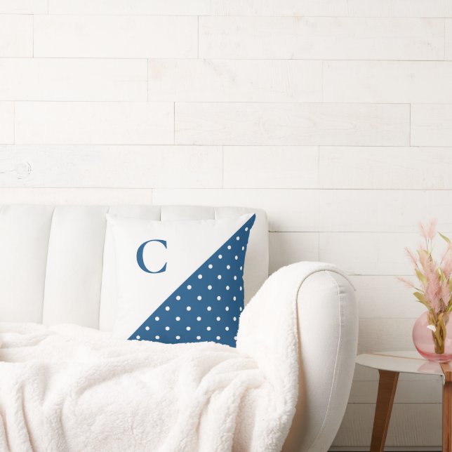 Bold White on Blue Polka Dot Pattern Monogram Throw Pillow (Couch)