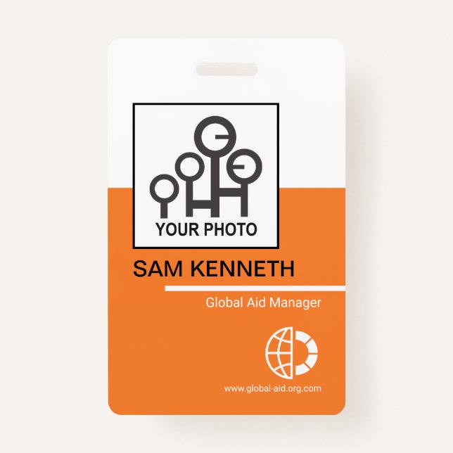 Bold White Orange Blocks Company Employee Photo Badge (Front)