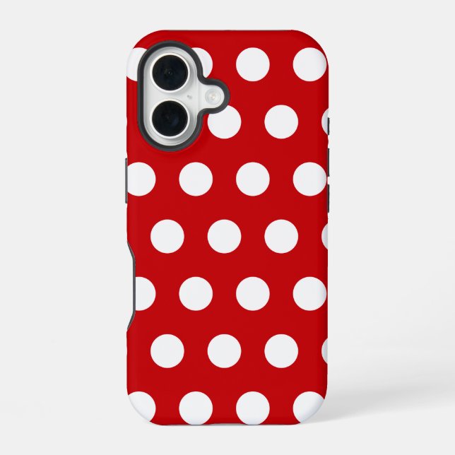 Bold White Polka Dots on Red iPhone 16 Case (Back)