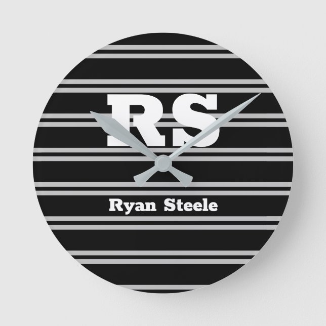 Bold Wht Monogram & Name, Lt Grey Lines, Black Vs2 Round Clock (Front)