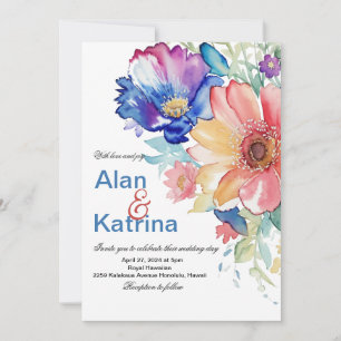 Bold Wildflower Garden Floral Blue Pink Peach Invitation