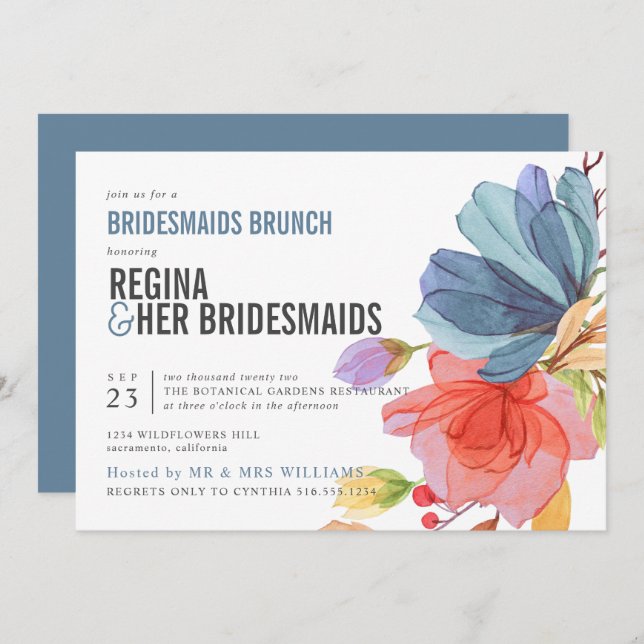 Bold Wildflowers Blue Bridesmaids Brunch Luncheon Invitation (Front/Back)