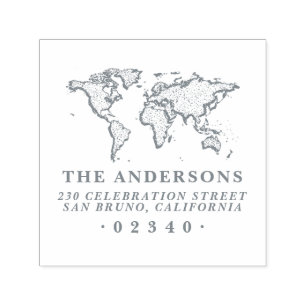 Bold World Map Formal Family Name & Return Address Self-inking Stamp