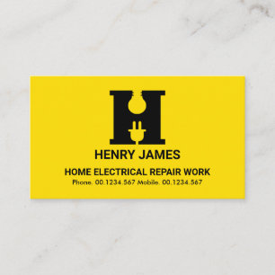 Bold Yellow Alphabet-H Bulb Plug Motif Electrician Business Card