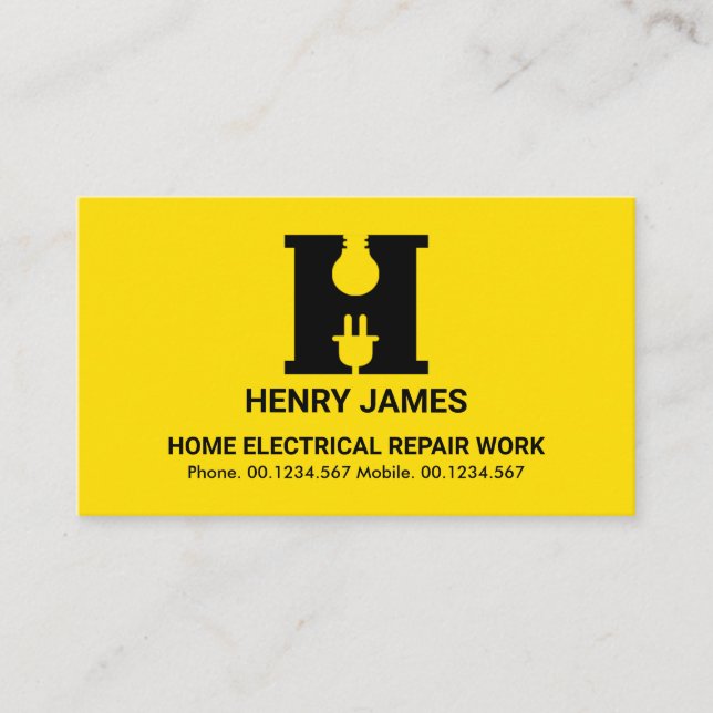 Bold Yellow Alphabet-H Bulb Plug Motif Electrician Business Card (Front)