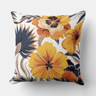 Bold Yellow and Navy Floral Harmony Throw Pillow
