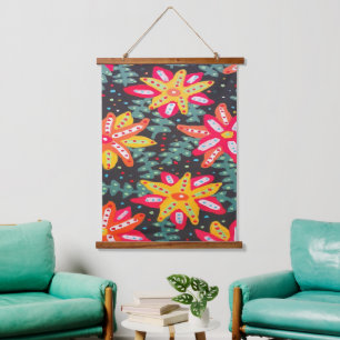 Bold Yellow and Orange Flowers Black Hanging Tapestry