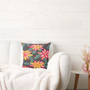 Bold Yellow and Orange Flowers Black Throw Pillow