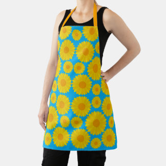 Bold Yellow and Orange Flowers on Blue Background Apron