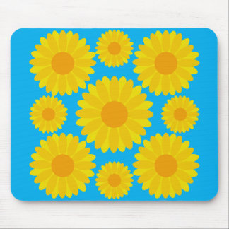 Bold Yellow and Orange Flowers on Blue Background Mouse Pad