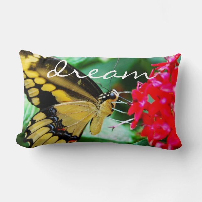 Bold Yellow Black Butterfly Photo Dream Script Lumbar Pillow (Front)