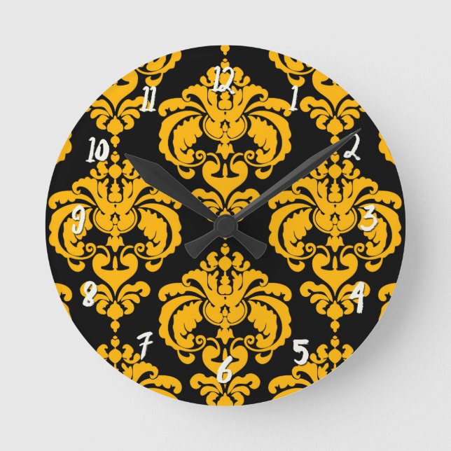 Bold Yellow & Black Damask Modern Personalized Round Clock (Front)