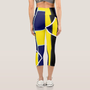 Bold Yellow Blue Black Abstract Art Lines Capri Leggings