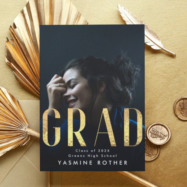 Bold Yellow Gold Foil Modern GRAD Photo Announcement (Creator Uploaded)
