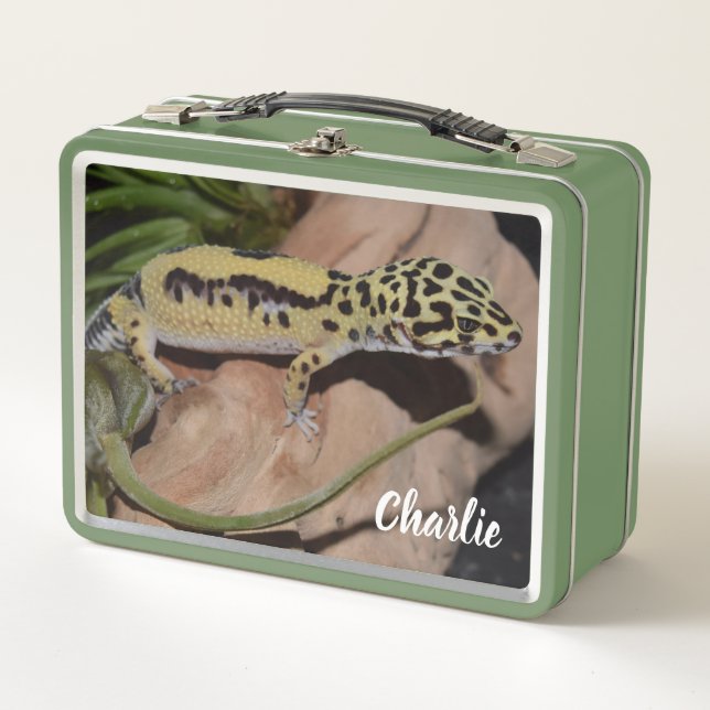 Bold Yellow Leopard Gecko Metal Lunch Box (Front)