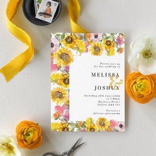 Bold Yellow & Pink Floral Wedding Invitation