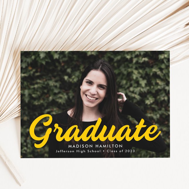 Bold Yellow Script Photo Graduation Announcement (Creator Uploaded)