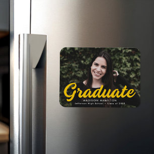 Bold Yellow Script Photo Graduation Announcement Magnet