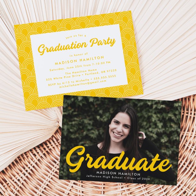Bold Yellow Script Photo Graduation Party Invitation (Creator Uploaded)