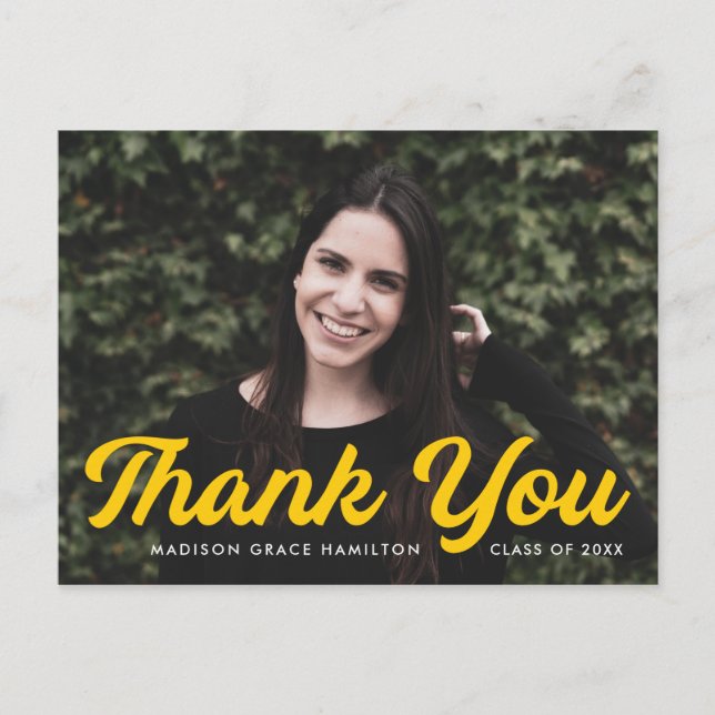 Bold Yellow Script Photo Graduation Thank You Postcard (Front)