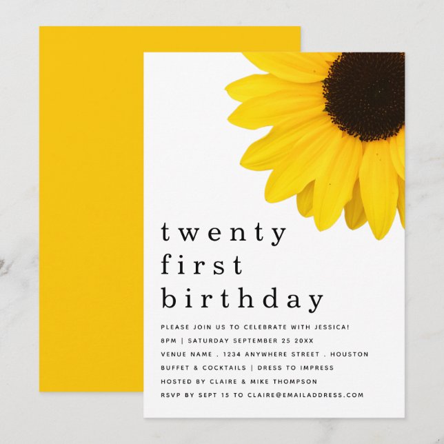 Bold Yellow Sunflower Twenty First Birthday Party Invitation (Front/Back)