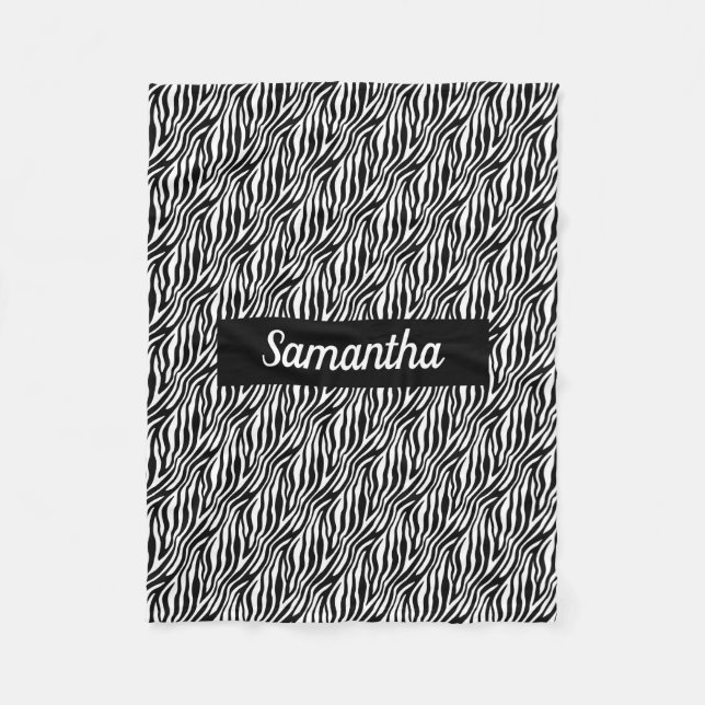 Bold Zebra Stripe Black and White with Name Fleece Blanket (Front)