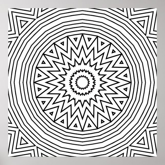 Bold Zigzag Starburst Mandala Colouring Pattern Poster (Front)