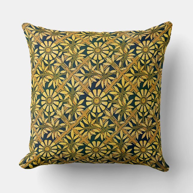 Bold Zinnia on a trellis in gold and green Throw Pillow (Front)