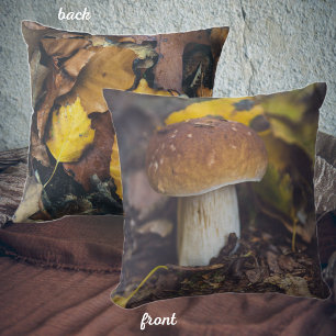 Bolete mushroom with yellow leaves throw pillow