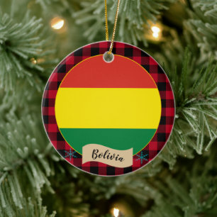Bolivia, Red buffalo plaid & Bolivian Flag Ceramic Ornament