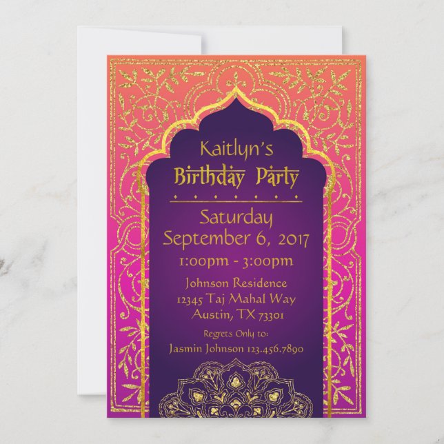 Bollywood Arabian Nights Birthday Invitation Card (Front)