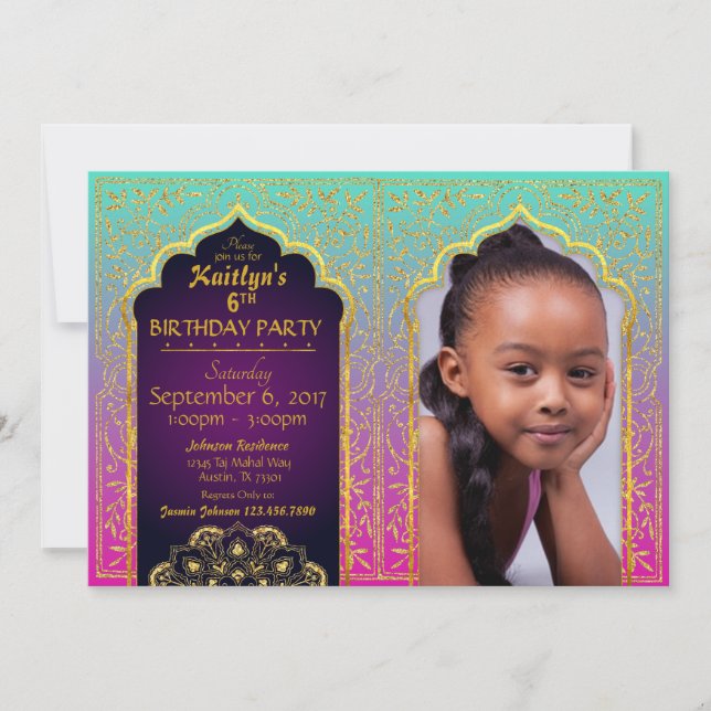 Bollywood Arabian Nights Birthday Invitation Card (Devant)