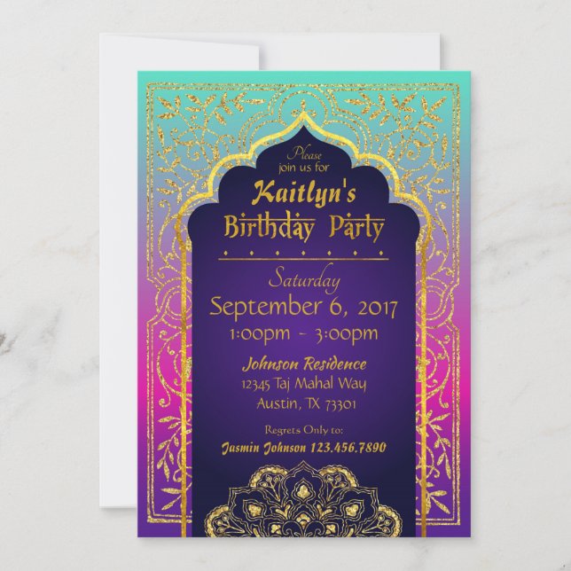 Bollywood Arabian Nights Birthday Invitation Card (Front)