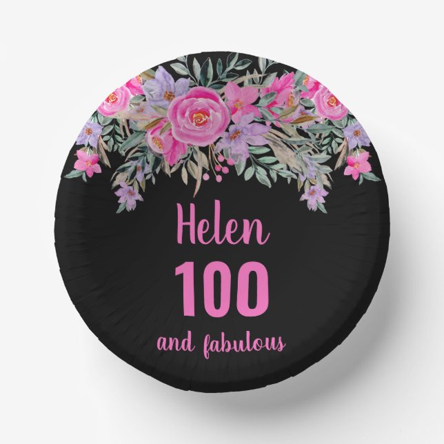 Bols En Carton 100e anniversaire rose noir aquarelle florale (Recto)