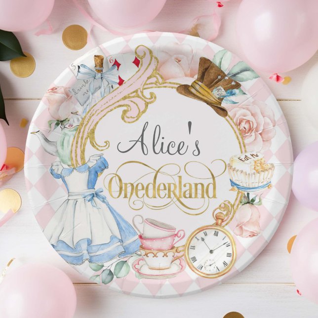 Bols En Carton Alice dans l'Onederland fêté de thé de haine (pink, Alice Onederland, Girl 1st birthday party paper plates)