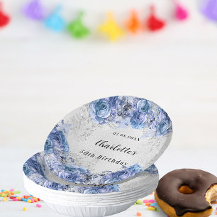 Bols En Carton Anniversaire bleu argent floraux nom
