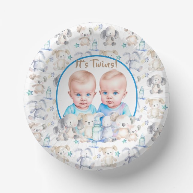 Bols En Carton Aquarelle Baby shower du garçon Twin Animaux (Recto)