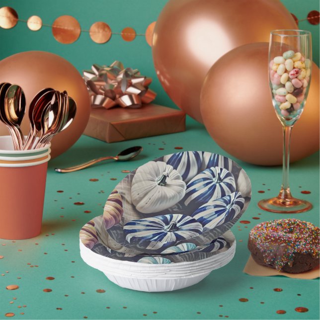 Bols En Carton Aquarelle d'automne Design Citrouille bleu et blan (Multi)