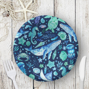Bols En Carton Aquarelle sous la mer Océan Animaux Bleu marine