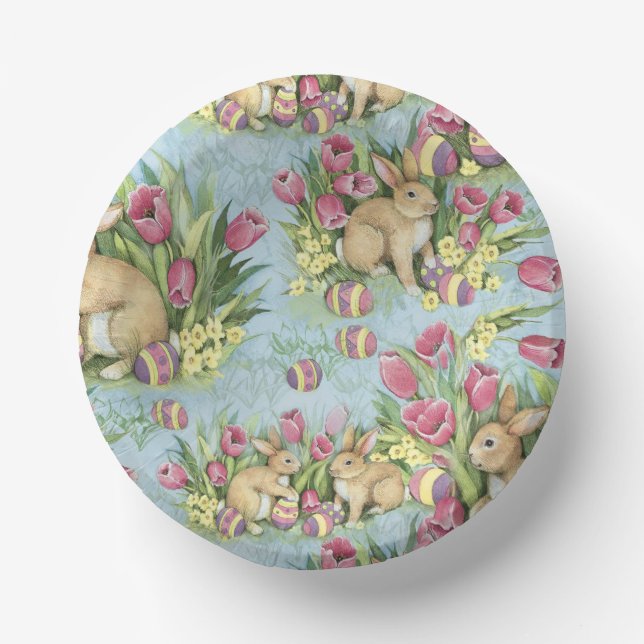Bols En Carton Bunnies de Pâques dans le jardin avec tulipes (Recto)