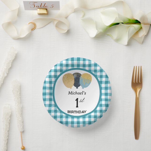 Bols En Carton Elégant bleu Turquoise En vichy & ballons 1er anni (Mariage)