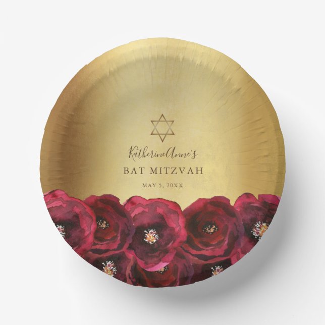 Bols En Carton Elegant Red Rose Floral Gold Bat Mitzvah (Recto)