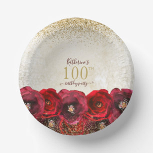 Bols En Carton Élégante Rose rouge Floral Or 100e fête d'annivers