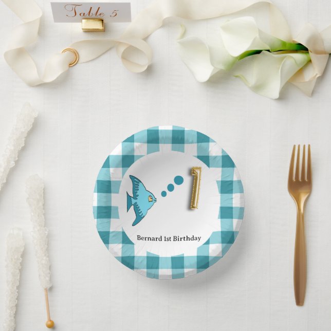 Bols En Carton En vichy Turquoise Blue Fish & Balloon 1er anniver (Mariage)