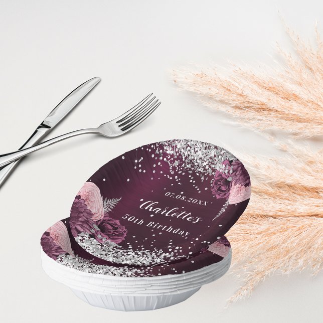 Bols En Carton Fleurs d'argent bourgogne anniversaire (Créateur téléchargé)