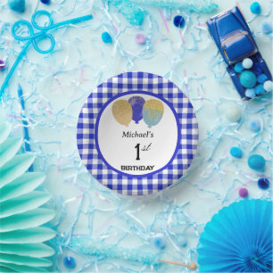 Bols En Carton Gingham Bleu Élégant & Ballons 1er Anniversaire