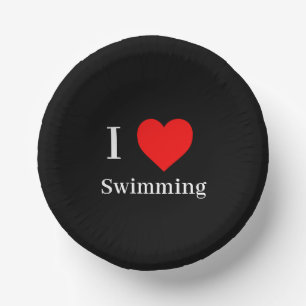 Bols En Carton J'aime Natation Typographie & Coeur Rouge Noir