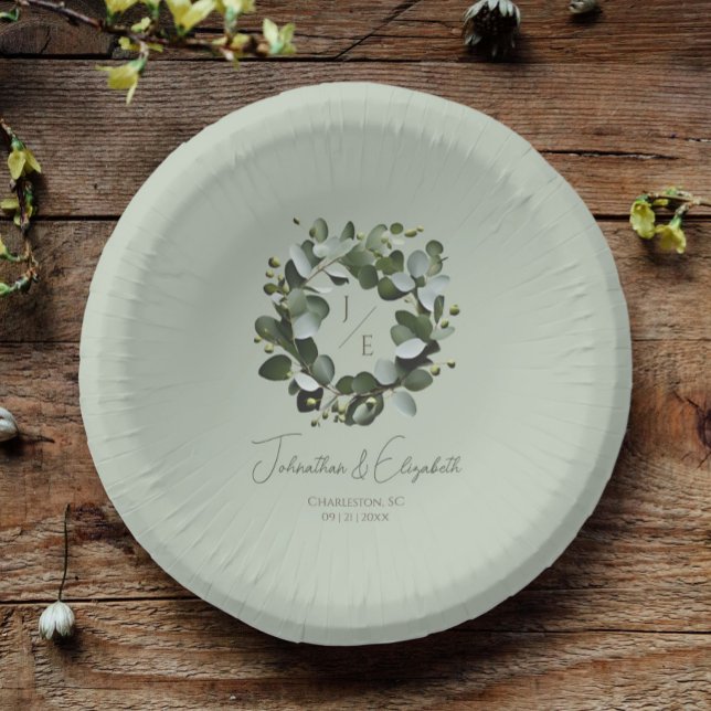 Bols En Carton Monogramme moderne Eucalyptus Mariage de couronne (Sage Green Modern Monogram Eucalyptus Wreath Wedding Paper Bowls)