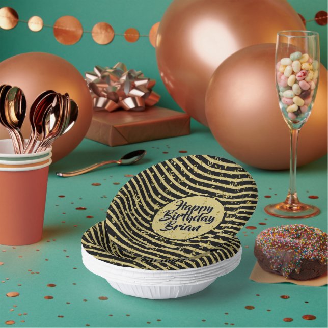 Bols En Carton Name | Joyeux Anniversaire Noir/Or Stripes simples (Multi)