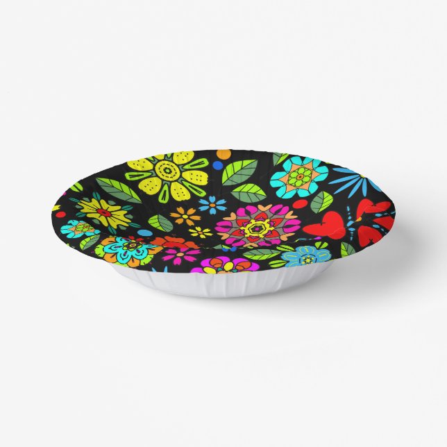 Bols En Carton Neon Colors On Black Retro Floral Seamless Pattern (Angulaire)